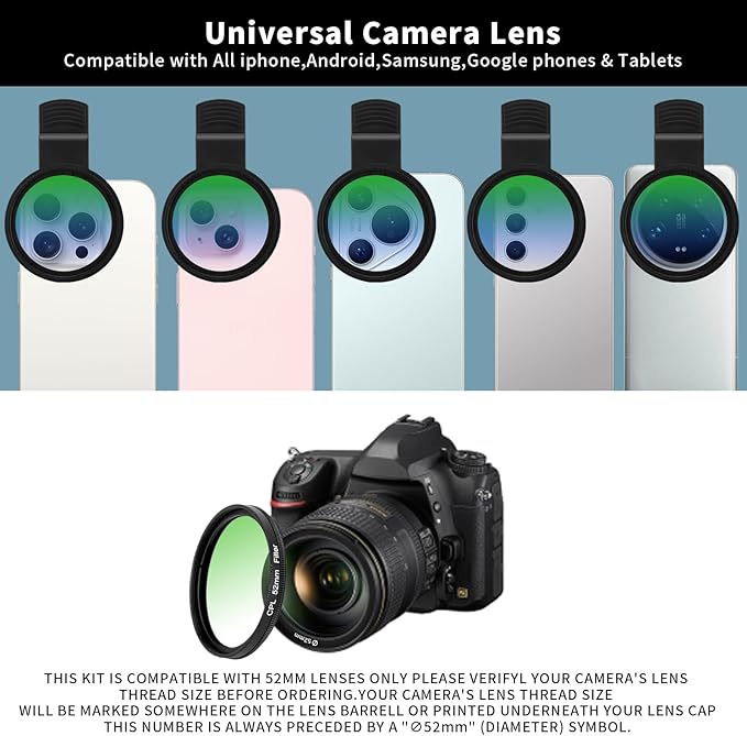 52MM CPL Filter for Phone, Clip-on Circular Polarizing Lens, HD Multi-Coated Optical Glass, Camera Lens Filter Kit Compatible with iPhone 16 15 14, Samsung, Google Pixel and Other Smart Phones