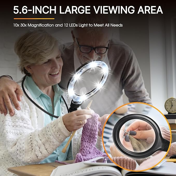 15X Hands Free Magnifying Glass with Light, 6 Light Modes, 1200mAh Rechargeable Neck LED Magnifier for Seniors & Low Vision, Needlepoint, Cross Stitch, Crafts, Reading, Sewing