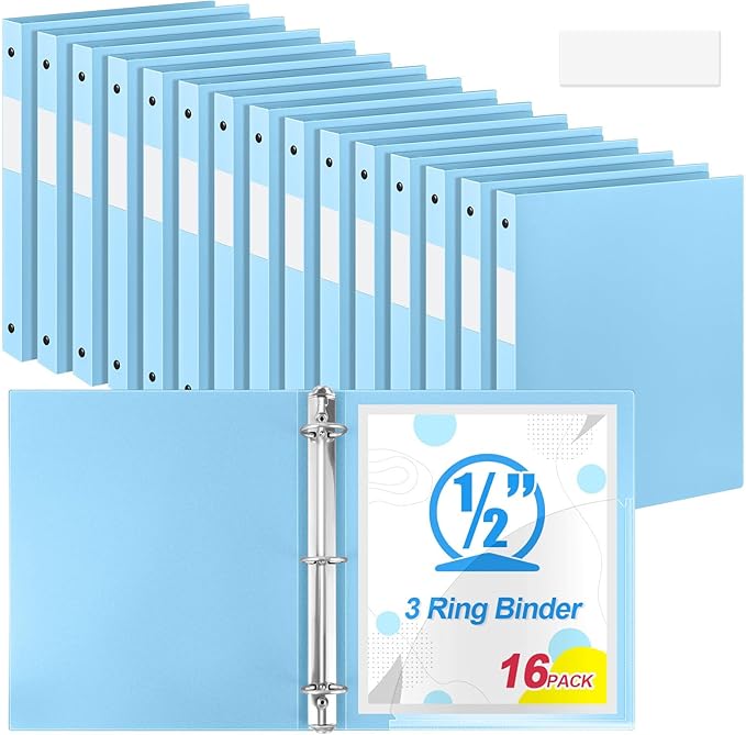 Henoyso 16 Pcs 3 Ring Binder 1/2'' Round Fits Letter Size 8.5'' x 11'' Paper Plastic Flexible Binder Holds 140 Sheets with 1 Pockets Versatile Organizer for Home Office School (Light Blue)