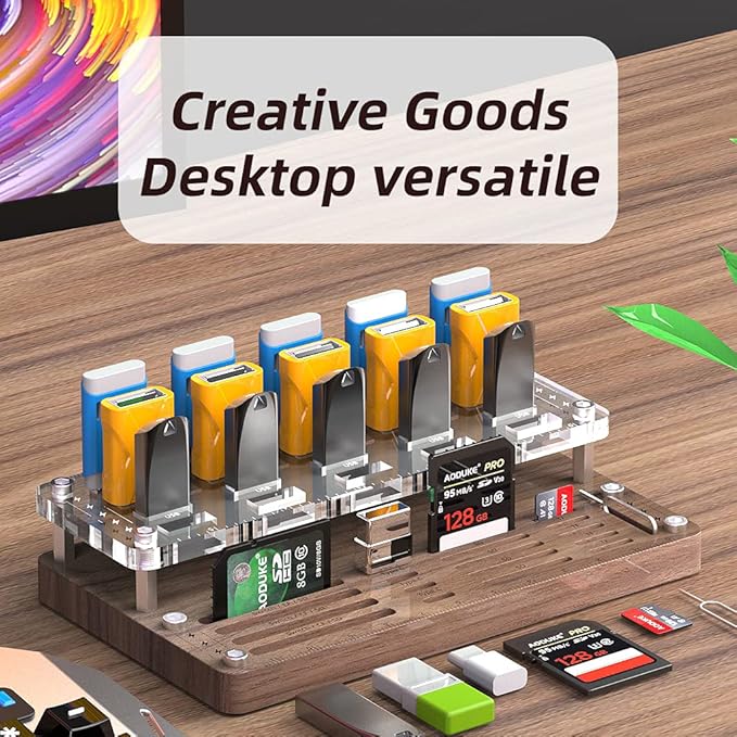 Wooden Memory Card Case for TF, SD, Micro SD Cards and USB Drives - Desk Holder and Carrying Case - AJSNH03MY