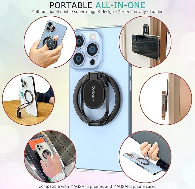 Magnetic Phone Ring Grip Holder, Dual-Sided Magnetics Adjustable Gym Finger Ring Grip Kickstand, Removable Phone Grip, for iPhone, iPad and Smartphones(Champagne Gold)