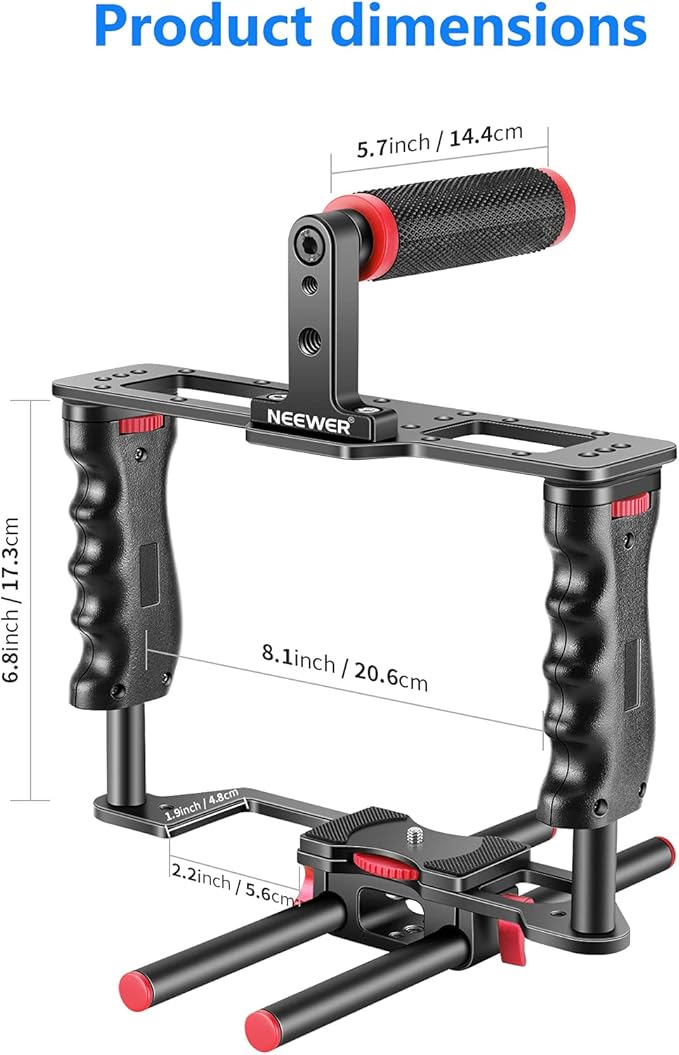 NEEWER Camera Video Cage Film Movie Making Kit, Aluminum Alloy with Top Handle, Dual Hand Grip, Two 15mm Rods, Compatible with Canon Sony Fujifilm Nikon DSLR Camera and Camcorder (Black + Red)