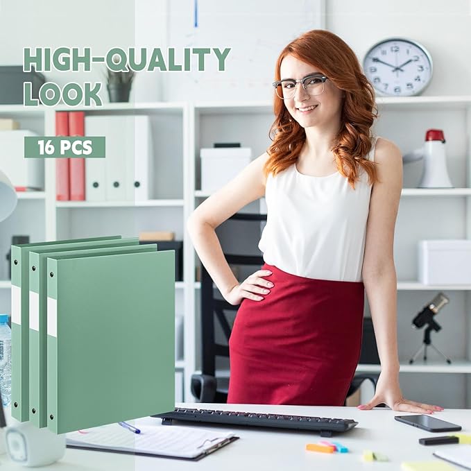 Henoyso 16 Pcs 3 Ring Binder 1/2'' Round Fits Letter Size 8.5'' x 11'' Paper Plastic Flexible Binder Holds 140 Sheets with 1 Pockets Versatile Organizer for Home Office School (Sage Green)