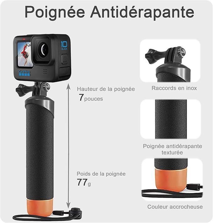 FitStill Waterproof Monopod Floating Hand Grip for Go Pro Hero 13/12/11/10/9/8/7/6/5/4/3 Session DJI Osmo and Other Action Cameras.Snorkeling Underwater Diving Pole Stick