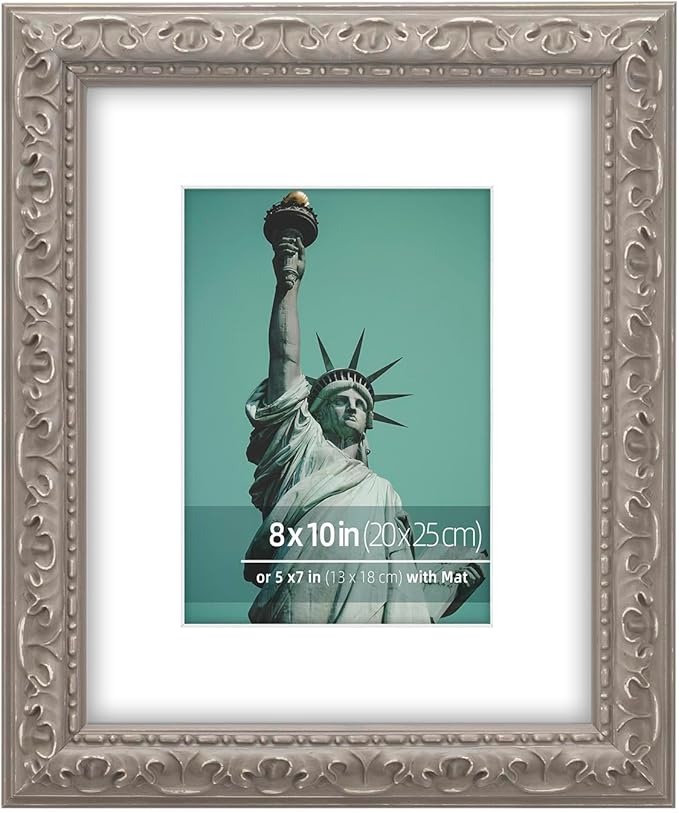 8x10 inch Distressed Wood Embossed Scroll Motif Vintage Antique Rustic Picture Frame, White Mat for 5x7 in Photo, Art Print Drawing, Wall Hanging or Desktop Display-Beige Grey