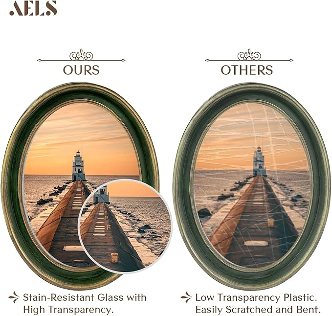 AELS 5x7 Inch Vintage Picture Frame, Elegant Antique Photo Frames with Glass Front, Photo Display, Tabletop Wall Hanging, Gift Ideas, Green Oval with Gold Trim