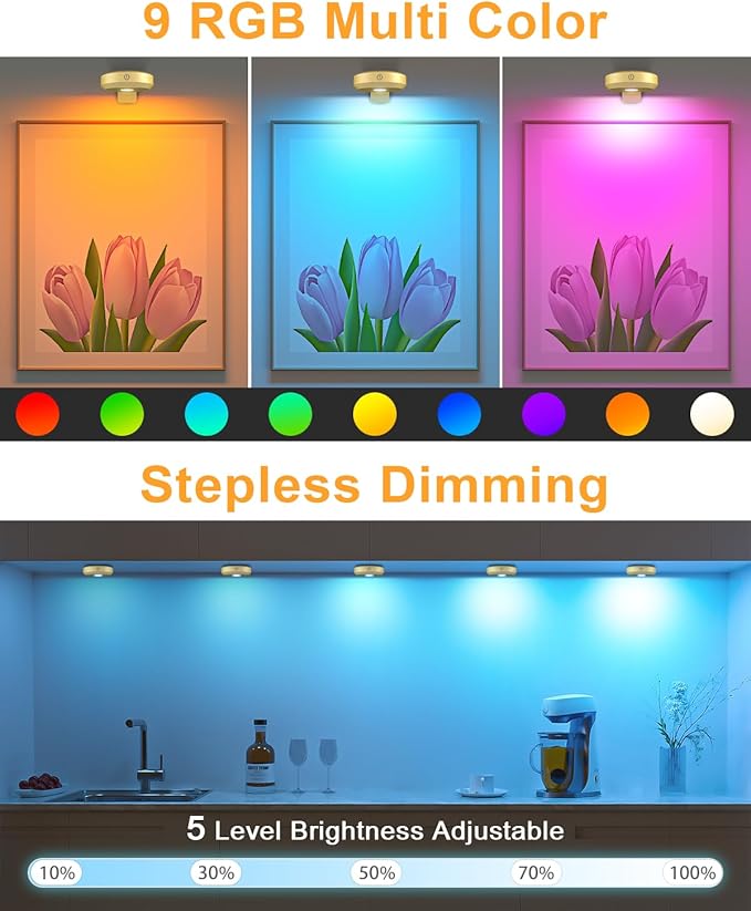 WILLED Poster Lights,Picture Lights RGB,Art Display Lighting for Paintings,Rechargeable Battery Operated for Wall Lights Wireless,Gallery Light 9RGB Colors,Puck Light with Remote
