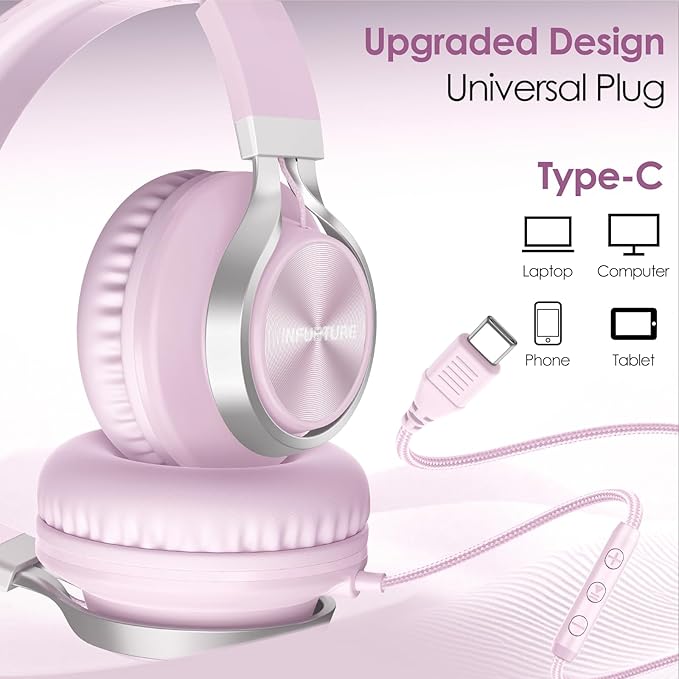 USB C Headphones Wired with Mic & Volume Control, Tangle-Free, Type C Over-Ear Headphones, Lightweight/Foldable Kids Headphones Wired Headphones USB C for iPad/Sports/School/Travel/iPhone 17/16/15