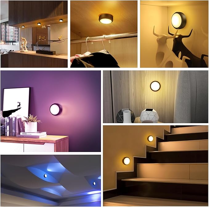 BLS LED Puck Lights with Remote, RGB 13 Color Changing Under Cabinet Lighting Wireless, AA Battery Operated, Tap, Touch, Push Stick on Lights for Closet, Kitchen, Night, Dimmer & Timer, Black, 2 Pack