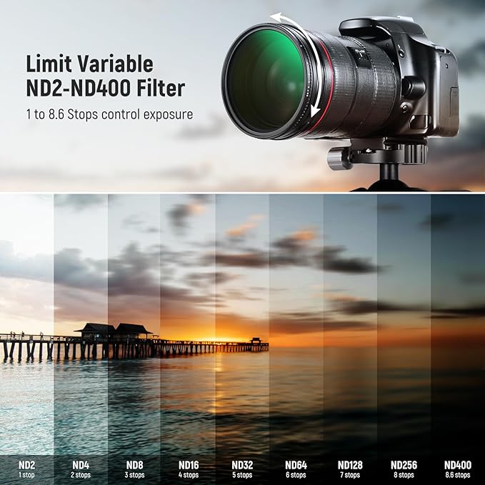 NEEWER 72mm True Color Variable ND2-ND400 Filter, Hard Stops Adjustable Neutral Density VND Filter with Multi Coated HD Optical Glass/Aluminum Frame/Water Repellent/Scratch Resistant