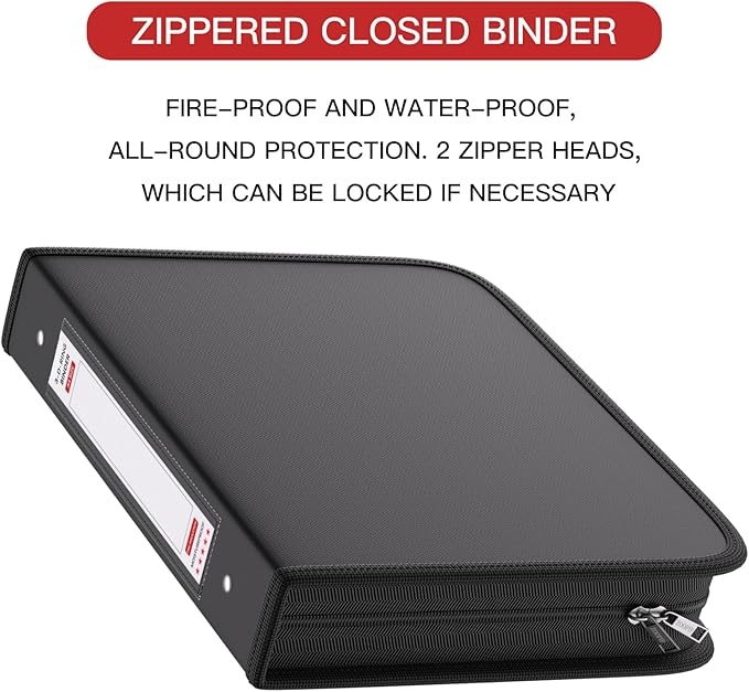 ZOOPIP Fireproof 3 Ring Binder with Zipper, 2.5 Inch D Rings Hold up 650 Sheets of 8.5" x 11" (A4), Compatible with Clear Page Protectors, Built-in net and Pen Holder (1 Pcs, Black, 2.5")