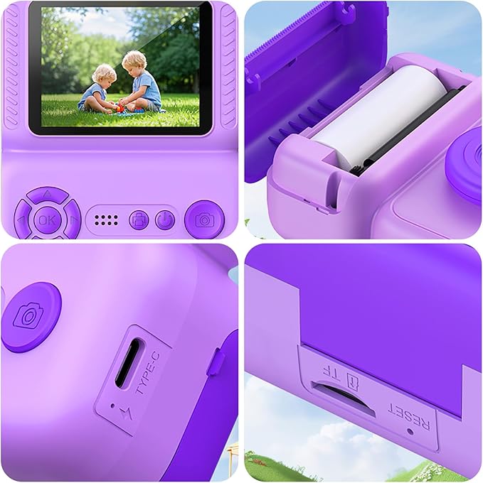 Kids Camera Instant Print, Instant Camera with 4 Roller Photo Paper & 32GB Card, 1080P Dual-Lens Digital Camera for Kids, Boys and Girls Toys Gifts for Teenage Girls Kids Toys for Ages 8-13 (Purple)