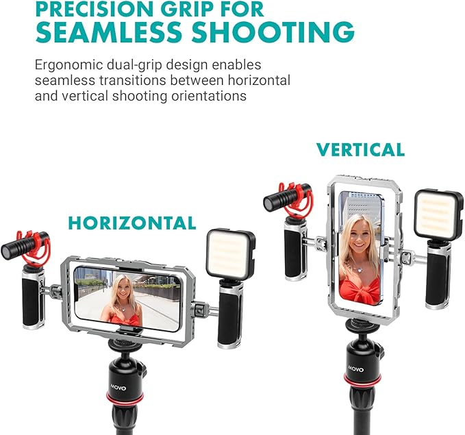 Movo iFilmer-PRO Smartphone Video Rig Kit – Stabilizer Cage with Dual Grips, VXR10 Shotgun Microphone, LED Light, & Tripod for iPhone/Android