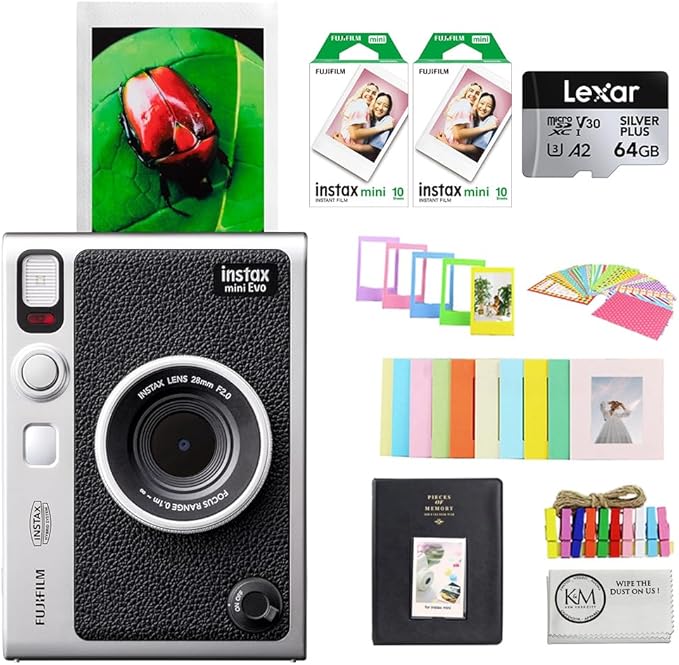 FUJIFILM INSTAX MINI EVO Hybrid Instant Camera | Black Bundle with Instax Mini Film | 20 Exposures + 64GB Micro SD Card + Mini Album, Borders, Stickers & Clips + Cleaning Cloth (5 Items)