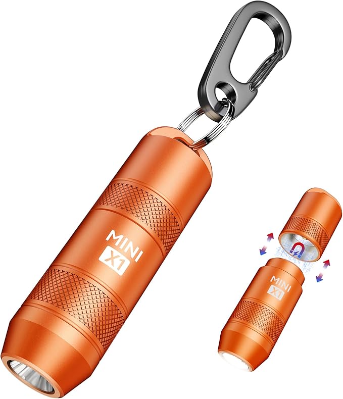 EDC Mini Flashlights High Lumens LED Pocket Keychain Magnetic Activation Flashlight Type-C Rechargeable Small Flashlight Long Battery Life & Long Illumination Distance (1, Orange)
