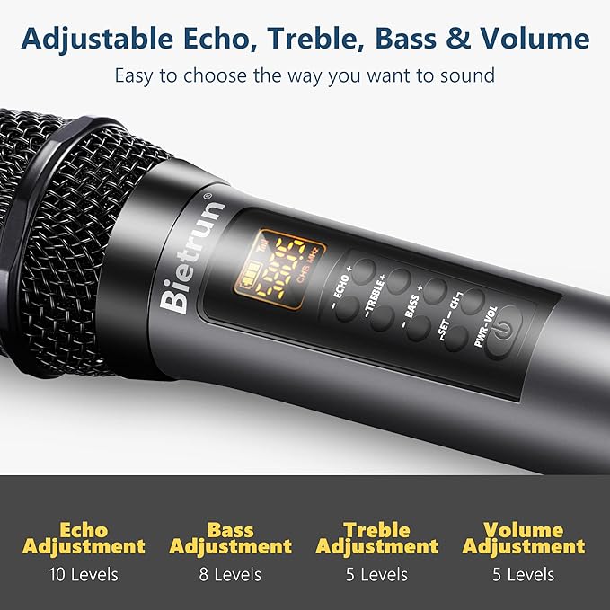 Bietrun Wireless Microphone with Echo/Treble/Bass, UHF 160ft Range, Dual UHF Cordless Dynamic Mic Handheld Microphone System for Home Karaoke, Meeting, Party, Wedding(Receiver with Bluetooth)