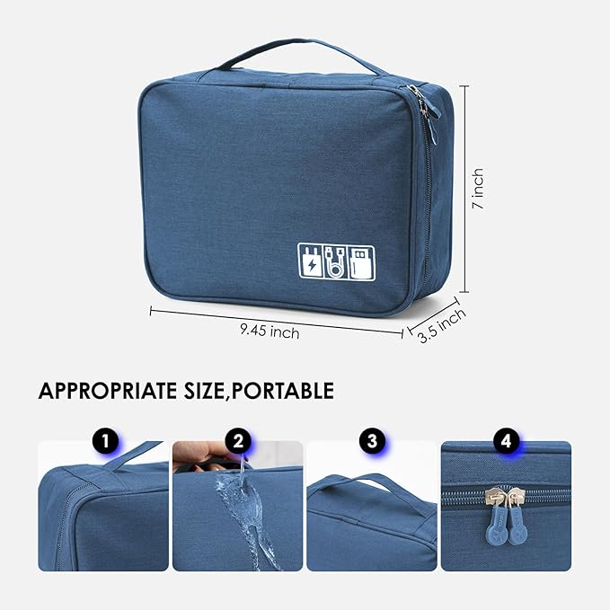 Cable Organizer bag for women or men,Electronic Accessories Carry Case Portable Waterproof Double Layers All-in-One Storage Bag for Cord, Charger, Phone, Earphone (Navy blue)