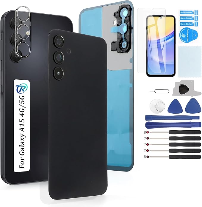 YWLRONG for Samsung Galaxy A15 Back Glass Replacement for Samsung Galaxy A15 5G A156U A15 4G A155U Rear Glass Replacement Battery Cover Housing Door Accessories Parts with Repair Tools (Black)
