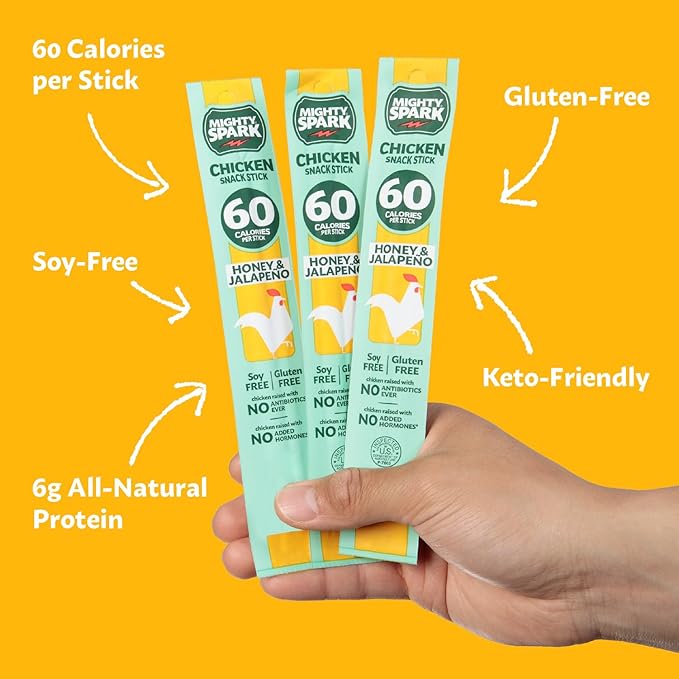 Mighty Spark Chicken Snack Sticks - Honey and Jalapeno - 6g of Protein, No Antibiotics Ever, No Hormones Added, Gluten Free, Soy Free Meat Sticks - High Protein Keto Snacks, Weight Watchers Approved Snacks - 48 Count