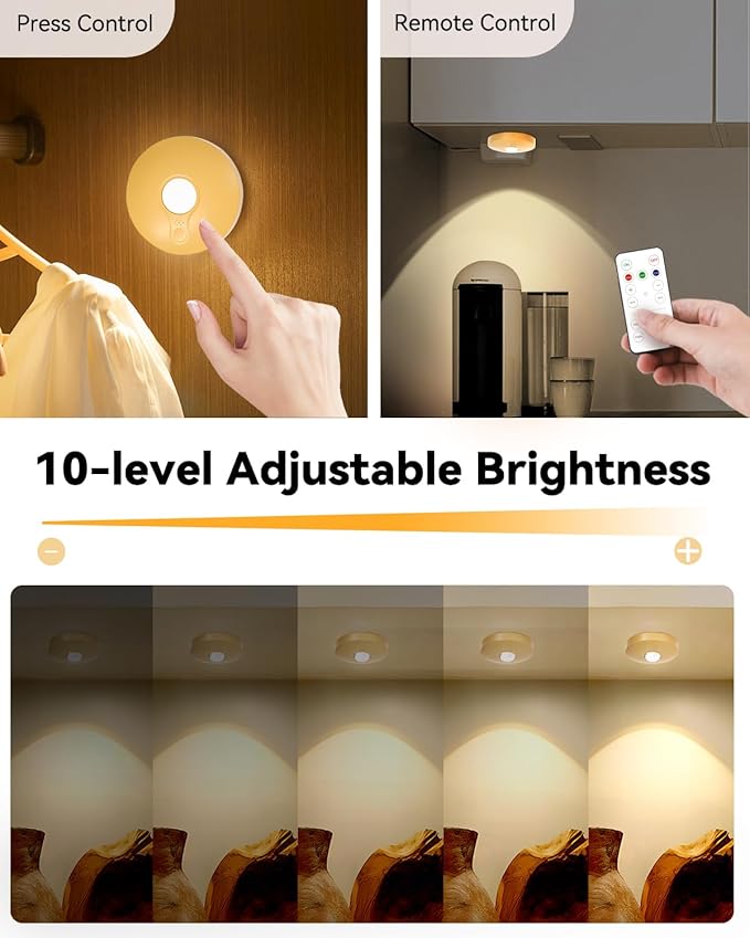 Rechargeable RGB Puck Lights with Remote Control, 1500mAh Battery Operated Push Lights, Dimmable & Timer Under Cabinet Lighting for Closet, Bedroom, Kitchen Gold 3Pcs
