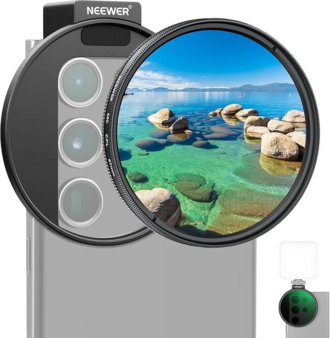NEEWER Clip On Phone Filter Kit, 67mm Multicoated CPL Filter with Cold Shoe Cell Phone Clamp, Carrying Case & Cleaning Cloth Accessories Compatible with iPhone Samsung Android, FL-79