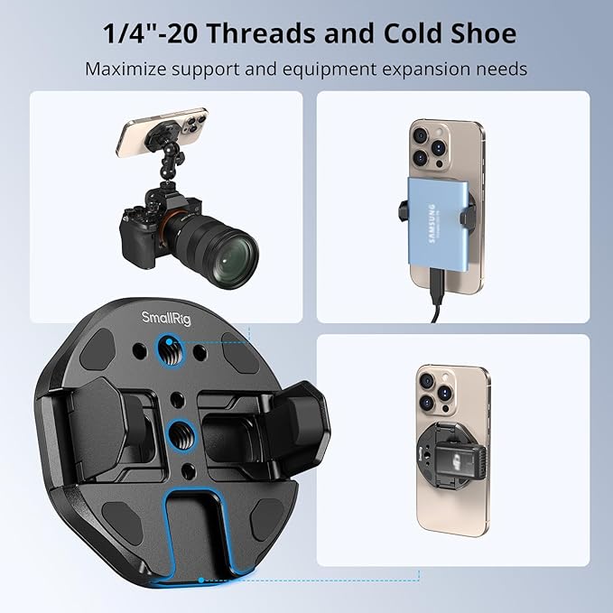 SMALLRIG SSD Magnetic Phone Mount Bracket SSD Holder with Magsafe, 45-70mm（1.77''-2.76'' Wide Clamping, 1/4"-20 Threads and Cold Shoe, for Samsung T3/T5, for SanDisk, for Crucial, for iPhone - 5157