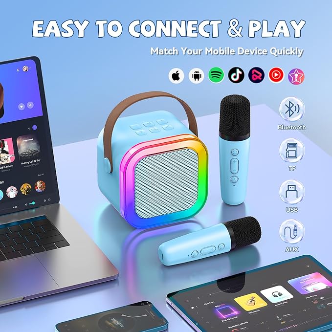 【2026 Newest】 Mini Karaoke Machine for Kids Girls & Boys - Portable Bluetooth Speaker with 2 Wireless Microphones - Kids Birthday Gifts for Ages 4-10 - Kids' Instrument Accessories - Blue