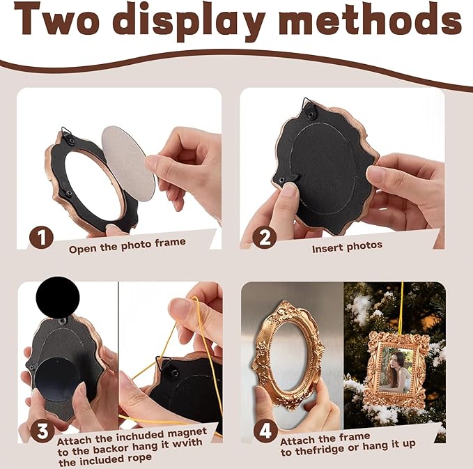 5 Pcs magnetic picture frames for refrigerator:Refrigerator Mini Frames Magnetic Vintage Picture Display with Back Small Antique Picture Frames with Hooks holders and Rope Refrigerator Magnets Photo Display Christmas Decor(Golden 5 Pcs )