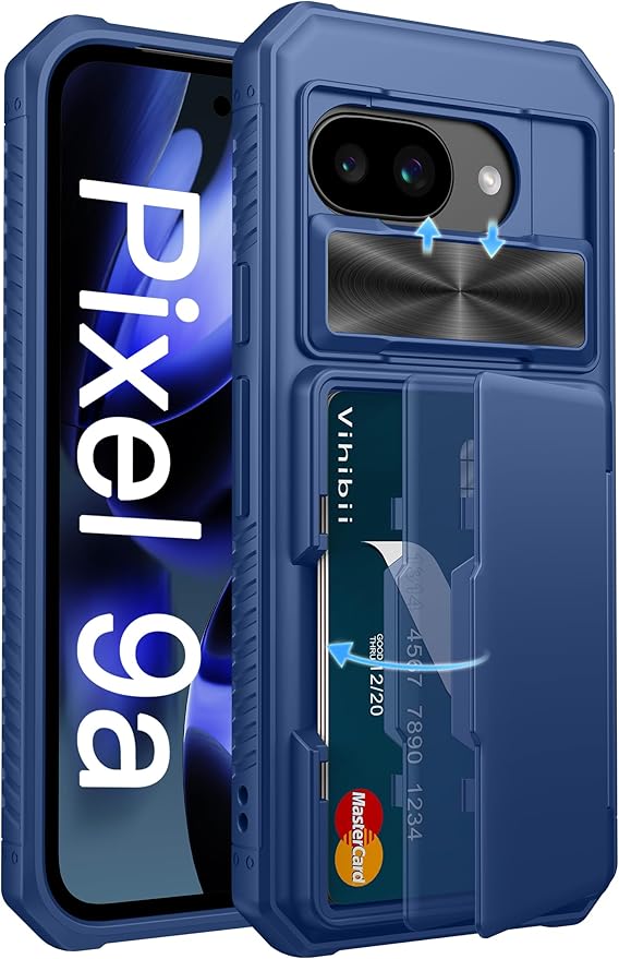 Vihibii for Google Pixel 9a Case with Card Holder (4 Cards), [RFID Blocking] & Slide Camera Cover, Military Grade Drop Protection, Heavy Duty Shockproof Wallet Case for Google Pixel 9a 2025, Blue