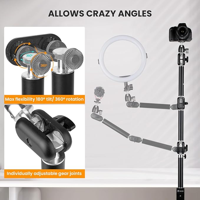 TARION Top Tripod Camera Desk Mount + 11in Magic Arm with Super Clamp, 360°Flexible Articulating Arm with 3/8'' Screw and 3/8'' to 1/4'' Screw + 3 Articulating Arms with 1/4" and 3/8" Thread