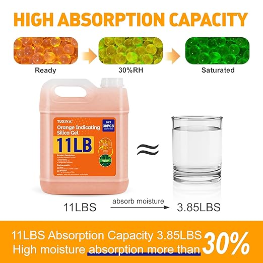 11 LBS Orange Indicating Silica Gel Desiccant Beads,(Industry Standard 3-5 mm) Rechargeable Silica Gel Beads for 3D Filament, Electronic Devices, Camera, Jewelry, Safe(30PCS Organza Bag)