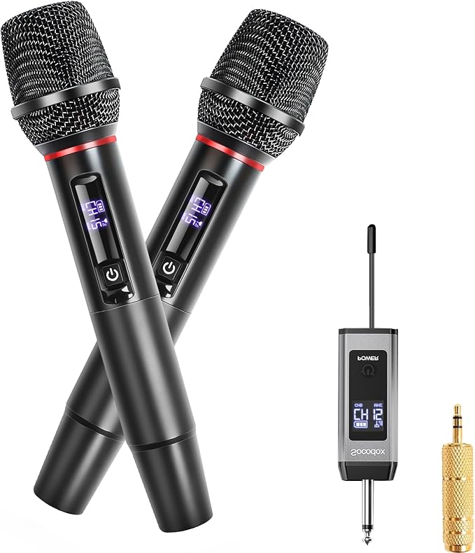 Dual UHF Wireless Microphone System 2 Packs – Metal Mics with Rechargeable Receiver, 15-Channel Interference-Free Audio, Plug & Play for PA Systems, Speakers, Parties, DJs, Weddings & Church