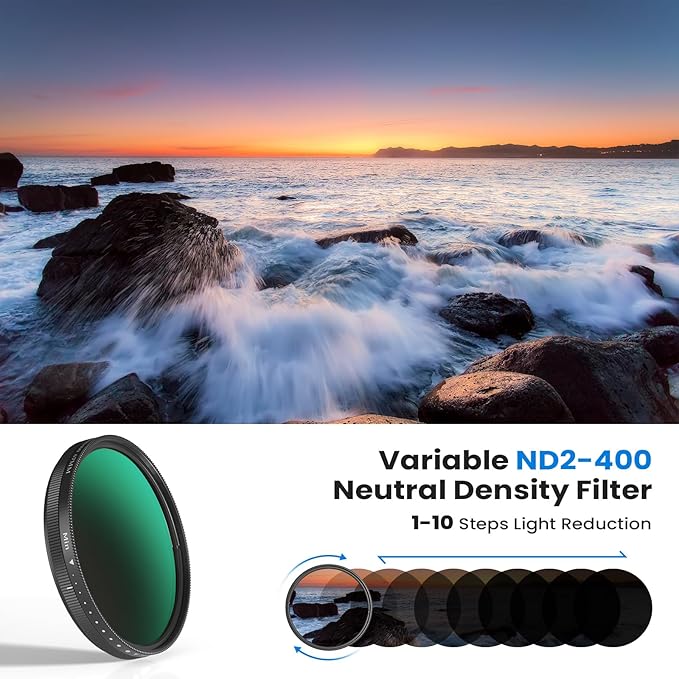 67mm Variable ND2-400 Filter for Phone/DSLR, HD Adjustable Neutral Density Filter with Universal Clip,Adapter Ring, Lens Attachment for iPhone 16 15 14 13 12 Samsung Pixel and Other Smartphones/Camera