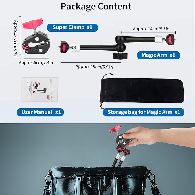 HEMMOTOP 11in Magic Arm Camera Mount Clamp, Max. Payload 5.5 LBS Articulating Arm with Anti-Twist Pins, Rotatable Pads, Adjustable Friction Arm for Monitor, LED Light, Camera Video Rig MS02