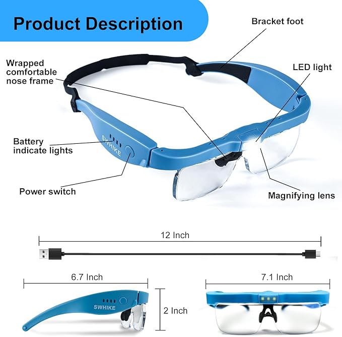 Magnifying Glass with Light Hands Free, Rechargeable Magnifying Glasses Headset with 5 Detachable Lenses Magnifier for Close Work, Reading, Jewelry Making Crafts (Blue)