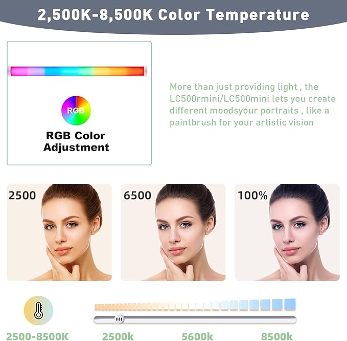 Godox LC500R Mini RGB Video Light Stick - Adjustable 360° Full Color Handheld LED Light Wand with Battery Grip and Barndoor
