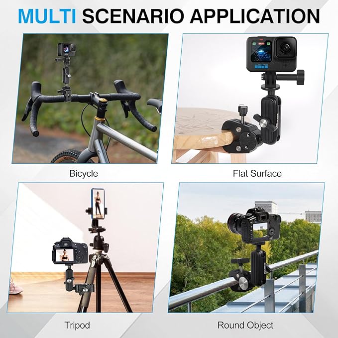 Super Clamp Camera Mount Double Ball Head Magic Arm with 1/4 Inch Threads Universal Mount for Monitor Light Action Camera Compatible with DSLR Tripod Desk Fence