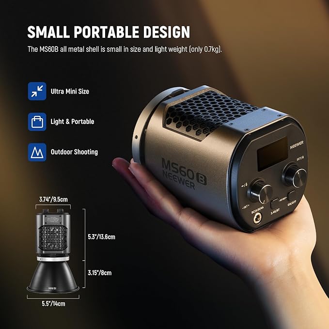 NEEWER MS60B LED Video Light 2.4G/APP Control, 65W Metal Mini Compact COB Continuous Output Lighting Bowens Spotlight for Photography Studio Recording, 40000lux/1m 2700-6500K CRI 97+/TLCI 98+, Silver