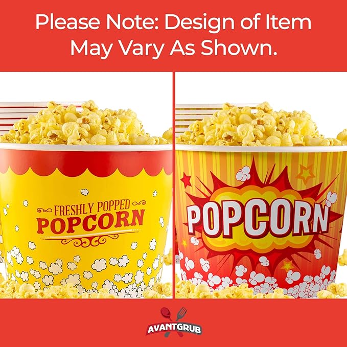 Greaseproof, Retro 85oz Popcorn Buckets 3 Pack. Durable Pop Corn Tubs in Red and Yellow. Large Disposable Leak-Free Containers Perfect For Movie Night, Theme Party, Theater, Carnivals & Fundraisers