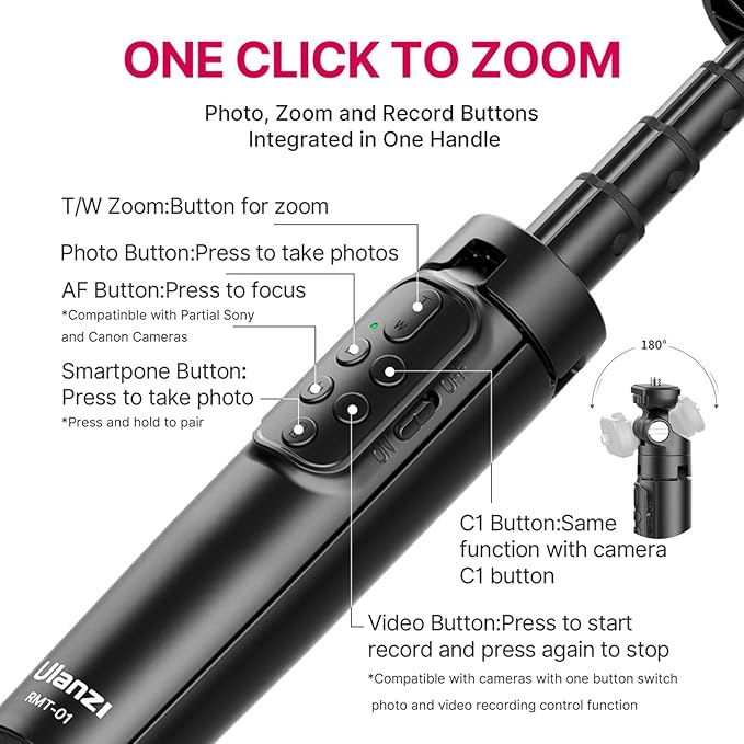 ULANZI RMT-01 Wireless Shooting Grip & Tripod for Sony, Canon, Nikon & Other Vlog Cameras or Smartphones, Selfie Video Recording Vlogging Accessories Portable Hand Size for Content Creators & Vloggers
