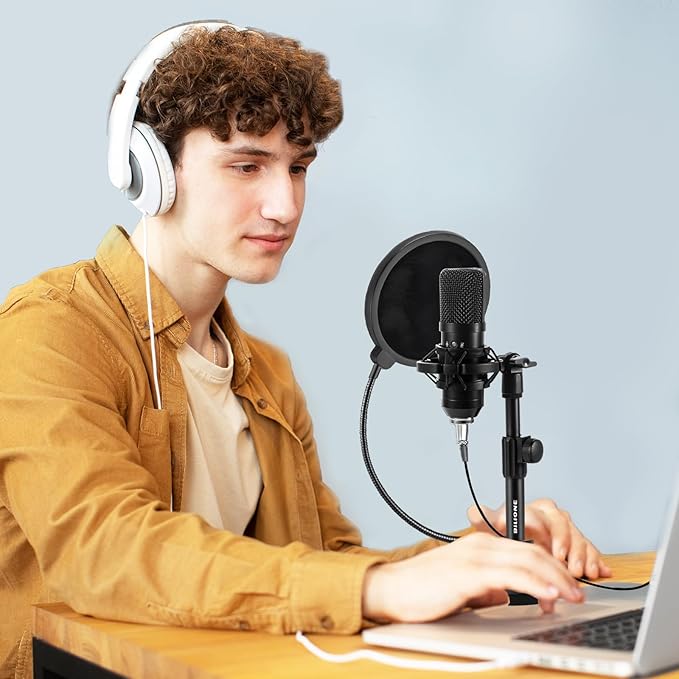 BILIONE Multifunctional Desktop Microphone Stand, Adjustable Mic Stand Desk with Pop Filter, Shock Mount, Microphone Clip, 5/8" to 3/8" Metal Screw Adapter (Pack of 2)