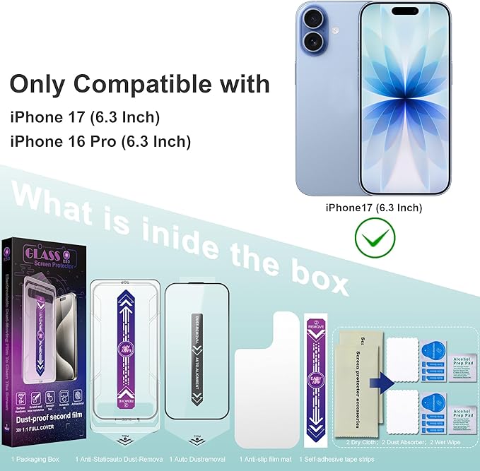 CHRYSHA Screen Protector for iPhone 17, iPhone 16 Pro 6.3-Inch, 2 Pack, 9H Tempered Glass, HD Clear, Full Cover, Anti-Fingerprint, Easy Installation