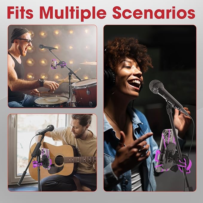 Crescendo CR-30 SlimClip Mic Stand Phone Holder, iPhone Clamp Mount, Pole Phone Mount, Microphone, Music or Drum Stand, Mic/Phone Clip - for iPhone, Samsung Galaxy, Pixel, Any Smartphone (Purple)