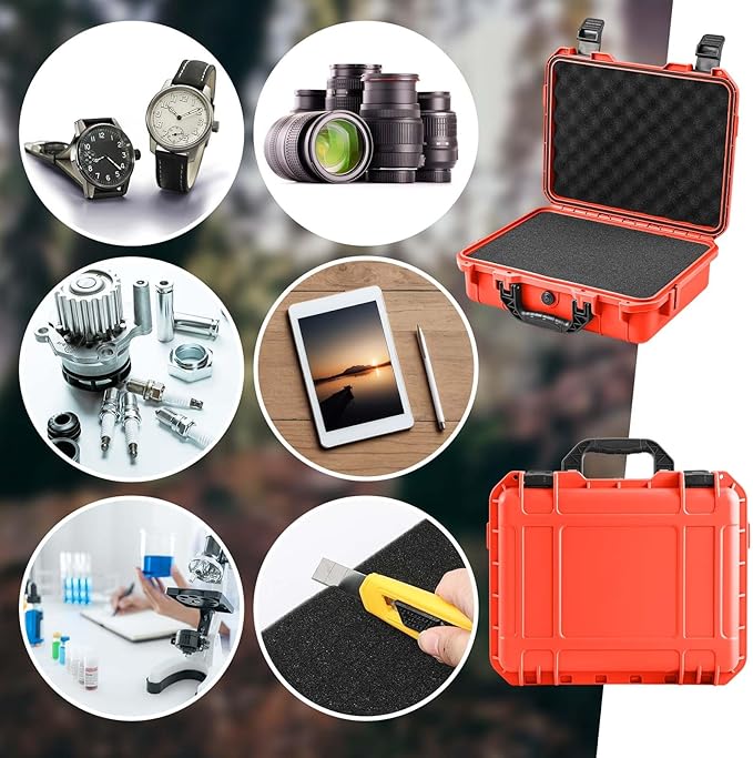 Relaxweex 1 Pcs 8.5 x 6.5 x 3.7 Inch Waterproof Hard Case with DIY Customizable Foam Insert Portable Protective Case with Knife for Camera Drones Equipments Tools Test Instruments (Reddish Orange)