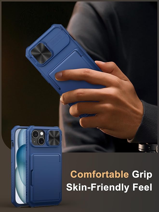 Vihibii for iPhone 15, iPhone 14, and iPhone 13 Wallet Case with Card Holder (4 Cards), [RFID Blocking] & Slide Lens Camera Cover & Raised Edges Protect Screen, Shockproof Wallet Phone Case, Blue