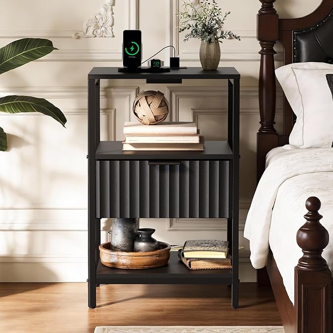 Bonnlo Fluted Nightstand with Charging Station, End Table with Fabric Drawer, Night Stand with Storage Shelf & Handle, Fluted Side Table for Bedroom/Living Room, Black