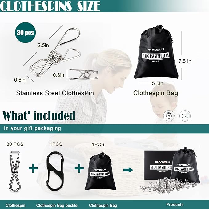 (30PCS) Stainless Steel Laundry Clothes Pins Heavy Duty Outdoor, Clothespins for Hanging, Metal Clips, Metal Clothes pins, Snack Bag Chip Clips for Food Packages, Close pins