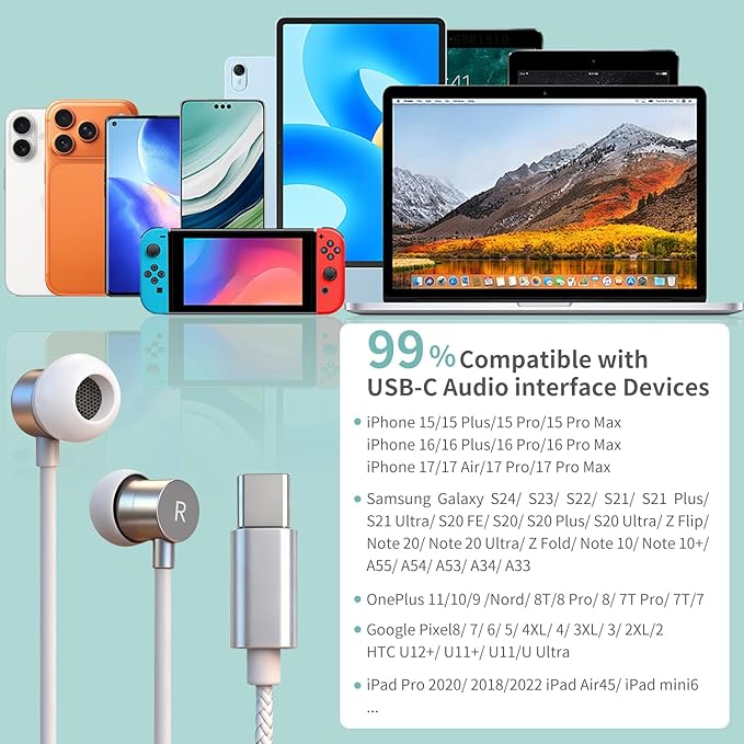 Air Tube Headphones USB-C | EMF Free Anti Radiation Wired Earbuds with Microphone for Hearing Protection | HD Sound & Clear Calls | Volume Control, USB C Adapter for iPhone 15, Android, Laptop