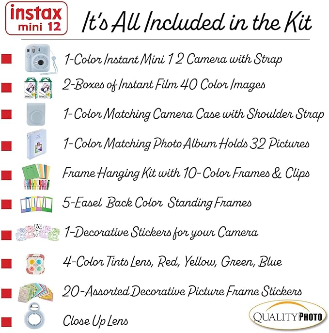 Fujifilm Instax Mini 12 Instant Camera + 40 Photo Prints + Quality Photo Value Bundle, Case, Decoration Stickers, Frames, Photo Album, (Pastel Blue)
