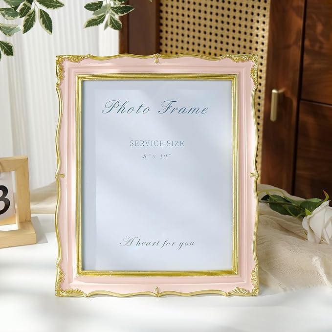 Cuspin 8x10 Picture Frame Pink Vintage Frame, Ornate Pink and Gold Picture Frame with Glass Front Handcrafted Resin Frames, Antique Textured Design for Wall Hanging & Tabletop Display